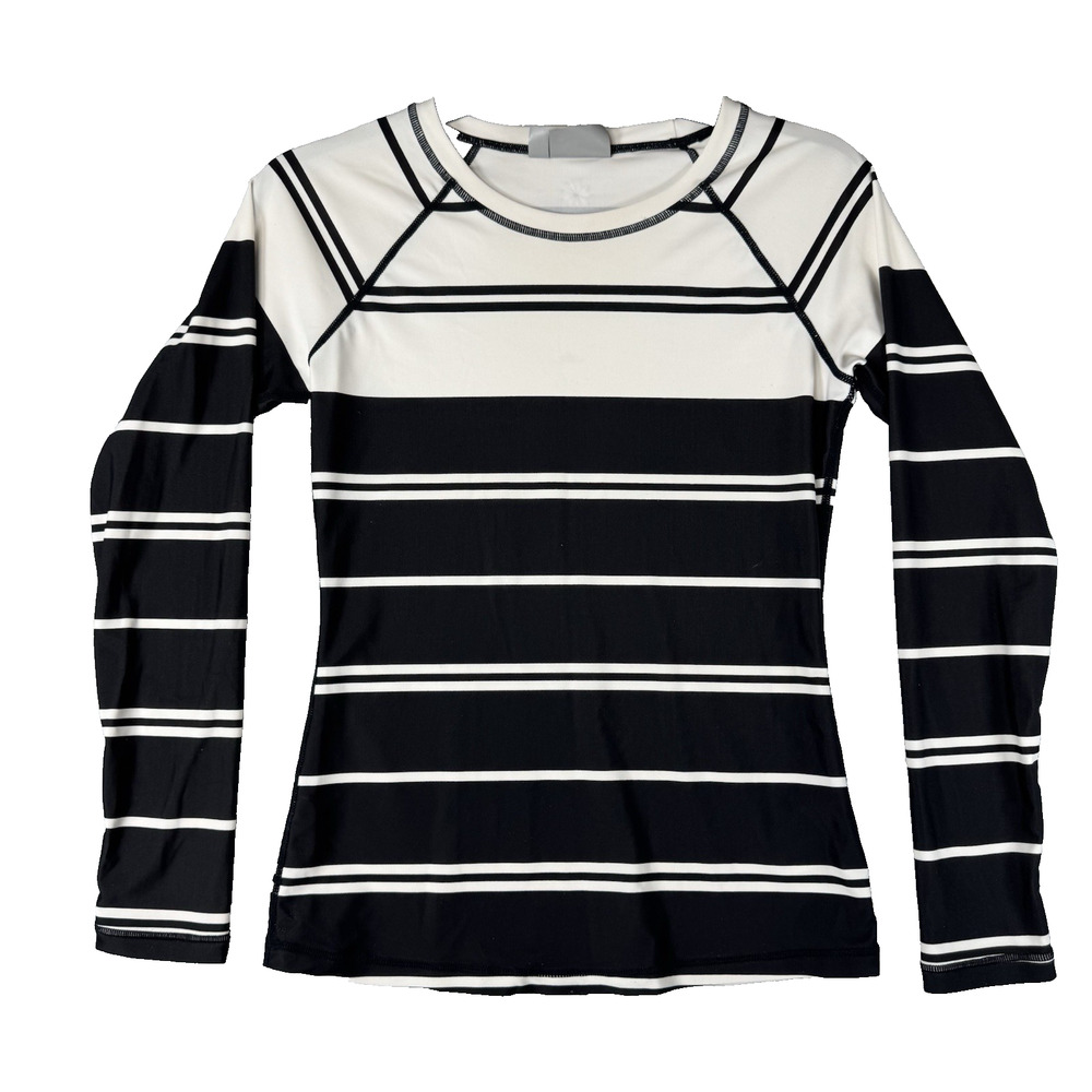 Athleta Women XS Black white Long Sleeve striped Rash Guard Swim Top Beach UV